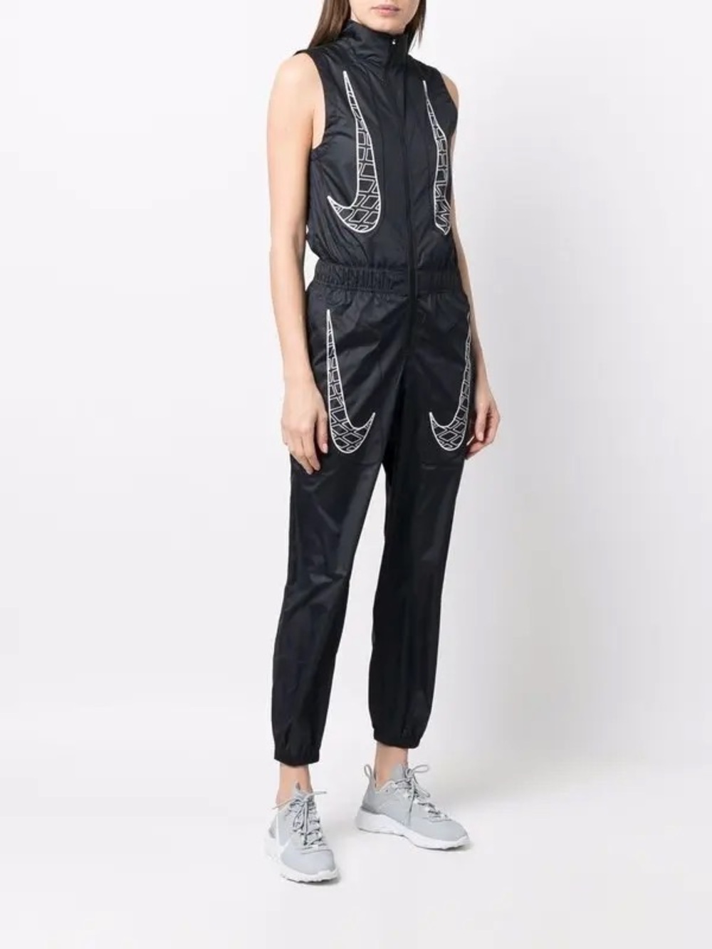 Nike Black Sleeveless Zip-Front Jumpsuit with White Swoosh Graphics XS